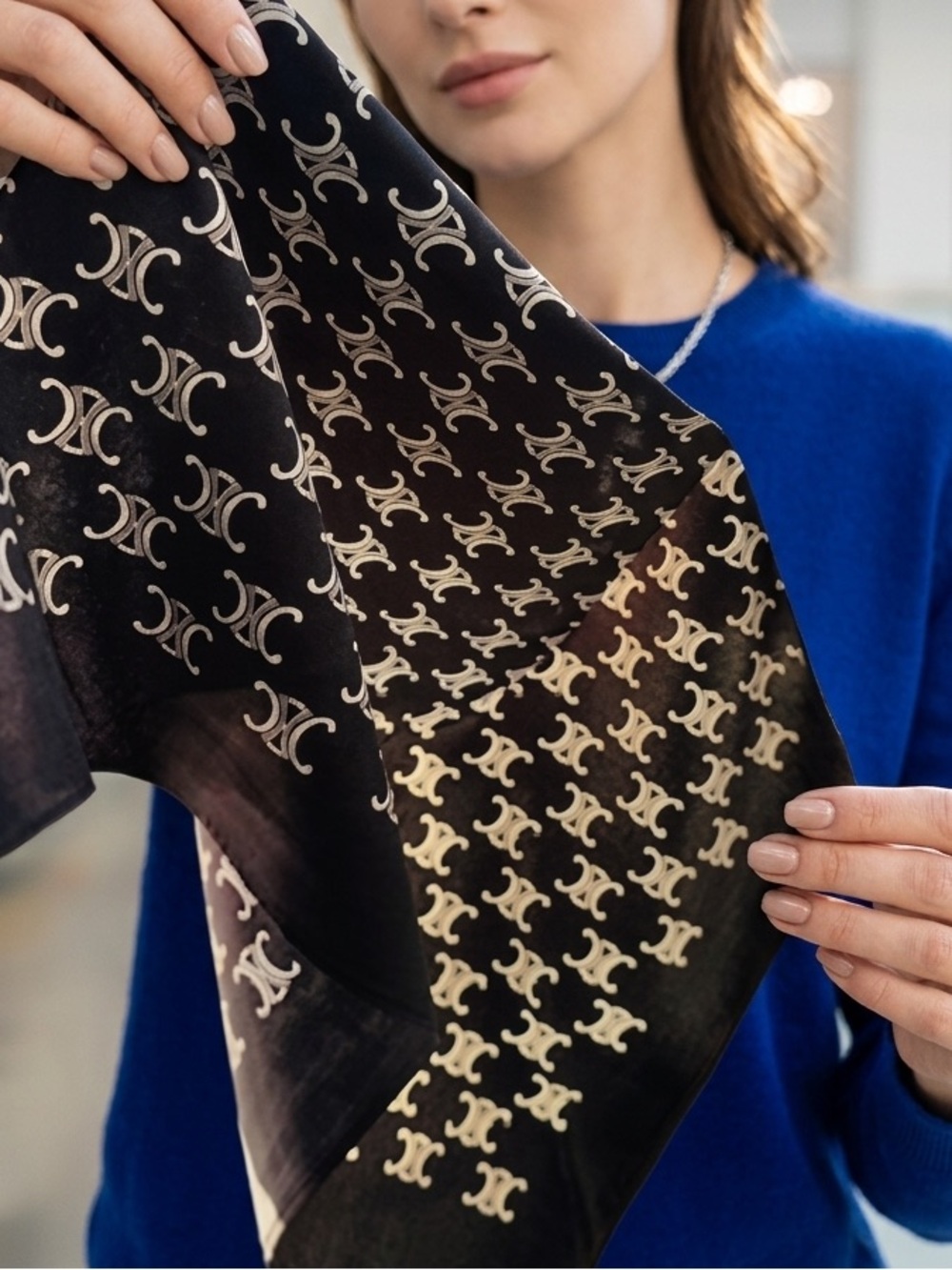 🆕 CELINE Black Logo Silk Scarf - Picture 5 of 6
